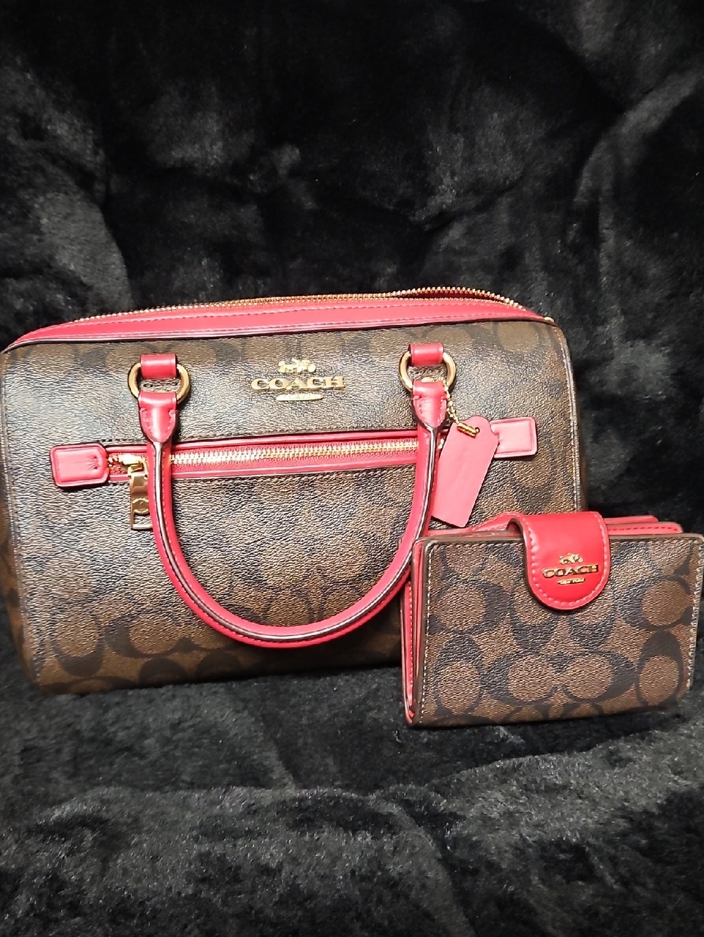 Coach Brown Signature Satchel and Matching Wallet with Red Trim